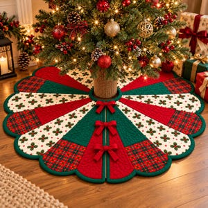 May include: A circular quilted Christmas tree skirt featuring alternating panels of red, dark green, and cream fabric with a holly leaf pattern. The skirt includes red plaid sections, scalloped edges, and three red fabric bows for closure.