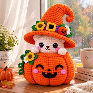 Puede incluir: Un oso blanco de ganchillo con un sombrero de bruja naranja decorado con girasoles y una pequeña calabaza, sentado dentro de una gran calabaza de ganchillo naranja con una cara de jack-o'-lantern negra bordada y mejillas rosas.