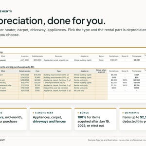 Puede incluir: Un gr&aacute;fico informativo titulado Improvements: Depreciation, done for you. Enumera mejoras inmobiliarias como techo, calentador de agua y alfombra con columnas para fechas de servicio, costos y c&aacute;lculos fiscales. Cuatro cajas resumen las categor&iacute;as de edificio, 5 y 15 a&ntilde;os, bonificaci&oacute;n y de minimis.