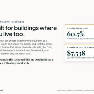 Puede incluir: Una plantilla de documento digital titulada Built for buildings where you live too, con texto que explica c&aacute;lculos fiscales para propietarios que viven en su inmueble. Incluye dos cuadros con un 60,7% de cuota de alquiler y $7,538 de intereses.