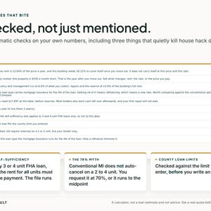 Op de afbeelding: Een infographic getiteld The Rules That Bite, Checked, not just mentioned. Het bevat tien automatische controles voor vastgoeddeals, waaronder FHA-zelfvoorziening, de 78%-mythe en leninglimieten per county, met gedetailleerde tekst.