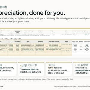 May include: A digital infographic titled Improvements, Depreciation, done for you. It features a table detailing tax depreciation for home improvements like a basement bathroom, fridge, and driveway, with summary boxes for home, cost, bonus, and mid-quarter rules.