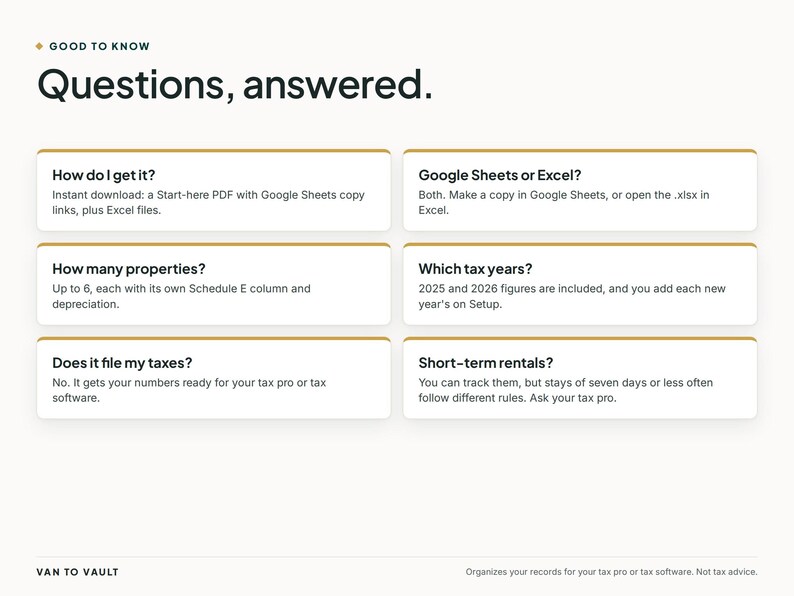 May include: An informational graphic titled Good to Know: Questions, answered. It features six white rectangular boxes with gold borders containing FAQs about a digital tax tracking tool for up to 6 properties, compatible with Google Sheets and Excel.