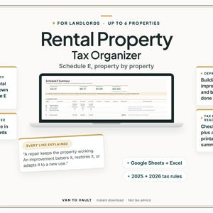 May include: A digital Rental Property Tax Organizer for up to 6 properties, featuring a laptop screen displaying a Schedule E summary. Includes sections for per-property columns, depreciation, tax pro-ready checklists, and plain-word explanations.