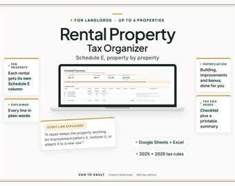 Rental Property Tax Organizer, Schedule E Spreadsheet for Landlords, Rental Property Expense Tracker, Google Sheets + Excel