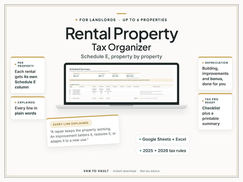 May include: A digital Rental Property Tax Organizer for up to 6 properties, featuring a laptop screen displaying a Schedule E summary. Includes sections for per-property columns, depreciation, tax pro-ready checklists, and plain-word explanations.