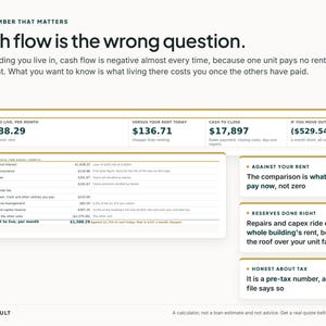 Op de afbeelding: Een infographic getiteld Cash flow is the wrong question, met financi&euml;le gegevenstabellen en tekst over vastgoedkosten. Het toont netto woonkosten van $1.588,29, afsluitkosten van $17.897 en een gedetailleerd overzicht van de uitgaven.
