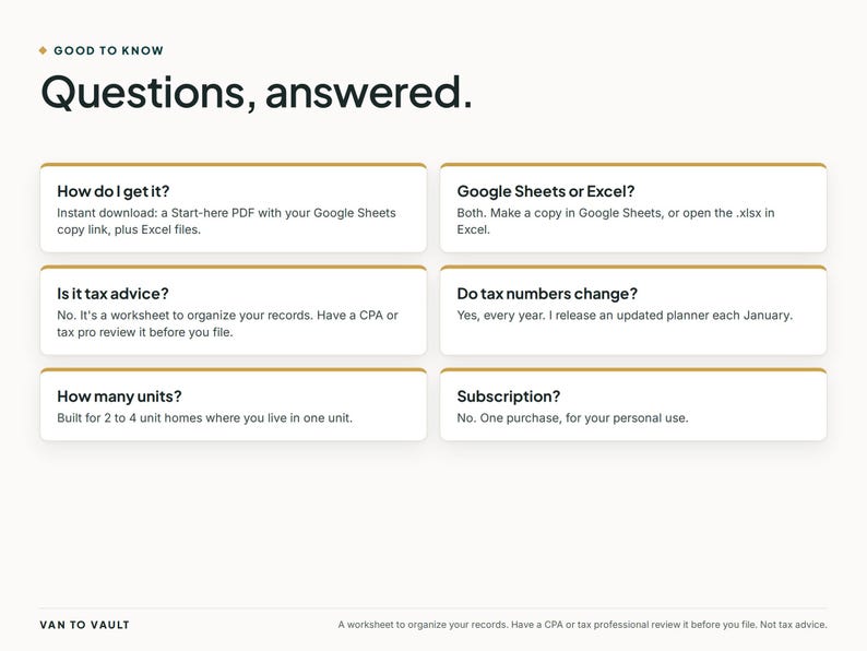 May include: An informational graphic titled Good to Know Questions, answered. It features six white rectangular boxes with gold borders containing FAQs about a digital worksheet, including details on file formats, tax advice, and usage limits.