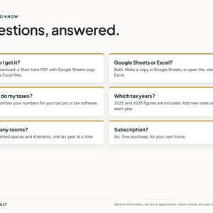 May include: An informational graphic titled Good to Know Questions, answered. It features six white rectangular boxes with gold borders containing FAQs about a digital spreadsheet product, including details on file formats, tax years, and usage.