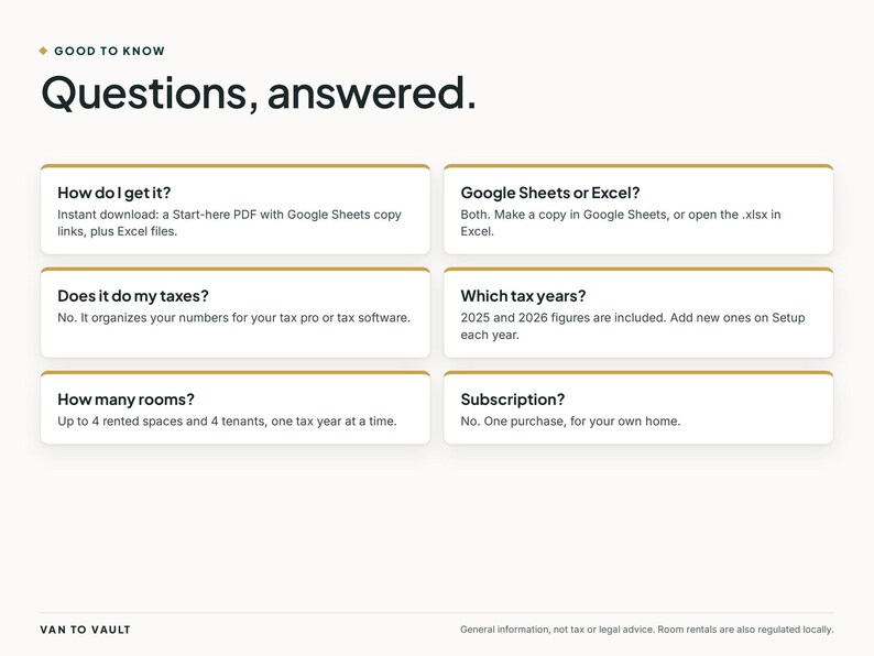 May include: An informational graphic titled Good to Know Questions, answered. It features six white rectangular boxes with gold borders containing FAQs about a digital spreadsheet product, including details on file formats, tax years, and usage.