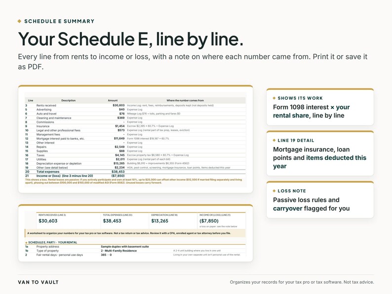 Puede incluir: Un documento de resumen del Schedule E titulado Your Schedule E, line by line. Incluye una tabla detallada con ingresos y gastos de alquiler, junto con tres cuadros informativos etiquetados como Shows its work, Line 19 detail y Loss note.