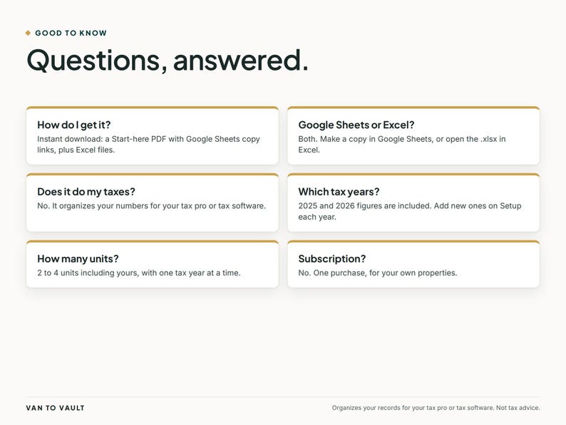 Puede incluir: Un gr&aacute;fico informativo titulado Good to Know: Questions, answered. Presenta seis cajas rectangulares blancas con bordes dorados que contienen preguntas frecuentes sobre un producto digital, incluyendo detalles sobre formatos y a&ntilde;os fiscales.