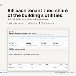 Landlord Utility Bill Splitter, Tenant Statements, RUBS Billing, Duplex to 6 Units, Google Sheets + Excel