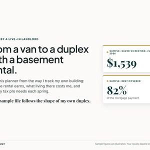 May include: A digital planner interface titled From a van to a duplex with a basement rental. It includes text explaining the tracking of building earnings and costs, alongside two sample data boxes showing $1,539 and 82% of the mortgage payment.