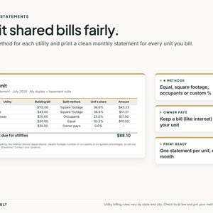 May include: A digital utility billing interface titled Utility Statements: Split shared bills fairly. It displays a sample Side unit statement for July 2026 with columns for utility, building bill, split method, unit share, and amount due of $88.10.