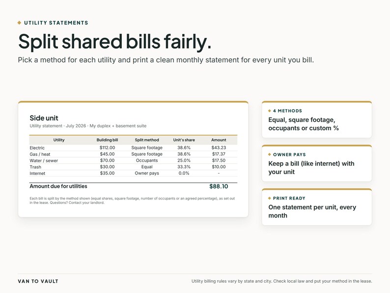 May include: A digital utility billing interface titled Utility Statements: Split shared bills fairly. It displays a sample Side unit statement for July 2026 with columns for utility, building bill, split method, unit share, and amount due of $88.10.