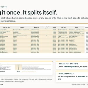May include: A digital spreadsheet template titled Shared Costs with the text Log it once. It splits itself. It includes a table for tracking expenses, columns for dates, categories, amounts, and rental shares, plus sections for square feet, rooms, and annual bills.
