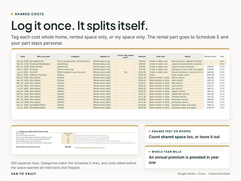 May include: A digital spreadsheet template titled Shared Costs with the text Log it once. It splits itself. It includes a table for tracking expenses, columns for dates, categories, amounts, and rental shares, plus sections for square feet, rooms, and annual bills.