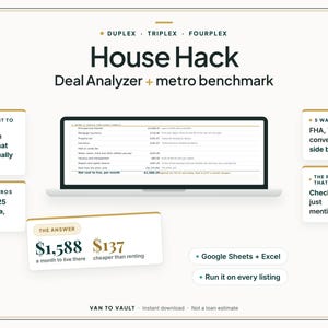 Op de afbeelding: Een digitaal House Hack Deal Analyzer en metro benchmark spreadsheet weergegeven op een laptopscherm. De interface bevat financi&euml;le gegevens, maandelijkse kostenberekeningen en tekstvakken met details over FHA-, VA- en conventionele leningopties voor duplex-, triplex- en vierplex-woningen.