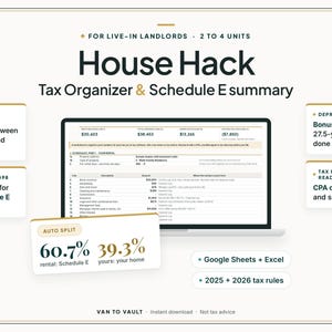 Puede incluir: Un organizador fiscal digital y resumen del Anexo E para propietarios que viven en unidades de 2 a 4. El documento incluye una calculadora de divisi&oacute;n autom&aacute;tica que muestra 60.7% para alquiler y 39.3% para hogar, compatible con Google Sheets y Excel.