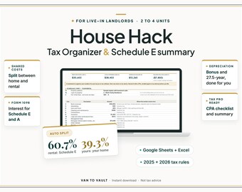 House Hacking Tax Spreadsheet, House Hack Schedule E Organizer for Live-In Landlords, Owner Occupied Rental Taxes, Google Sheets + Excel