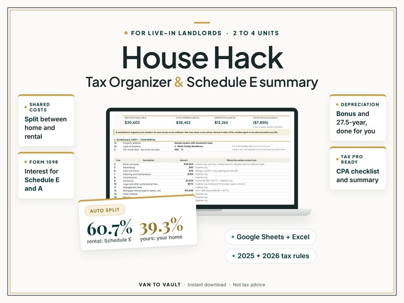 Puede incluir: Un organizador fiscal digital y resumen del Anexo E para propietarios que viven en unidades de 2 a 4. El documento incluye una calculadora de divisi&oacute;n autom&aacute;tica que muestra 60.7% para alquiler y 39.3% para hogar, compatible con Google Sheets y Excel.