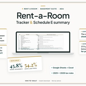 May include: A digital Rent-a-Room Tracker and Schedule E summary template for Google Sheets and Excel. The interface displays a financial table, auto-split percentages of 45.8% and 54.2%, and tax rule notes for 2025 and 2026, including Form 1098 details.