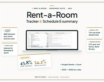 Rent-a-Room Tax Tracker, Renting a Room Income and Expense Spreadsheet, Basement Suite or ADU Schedule E Organizer, Google Sheets + Excel