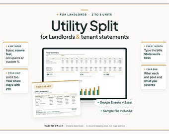 Landlord Utility Bill Split Spreadsheet, Tenant Utility Statement Template, RUBS Billing for Duplex and Multi Unit, Google Sheets + Excel