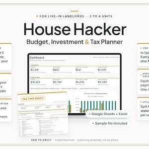 May include: A digital House Hacker Budget, Investment & Tax Planner for live-in landlords with 2 to 4 units. The display shows a dashboard with financial data, tax schedules, and budget tracking, compatible with Google Sheets and Excel software.