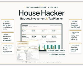 House Hacking Spreadsheet, House Hacker Budget & Tax Planner for Duplex Landlords, Schedule E + Rent Tracker, Google Sheets + Excel