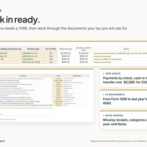 Puede incluir: Una infograf&iacute;a de preparaci&oacute;n de impuestos titulada Tax Time Walk in ready. Incluye una tabla para rastrear pagos a contratistas, una lista de verificaci&oacute;n de 15 documentos fiscales y cuadros de resumen para cheques 1099 y formularios faltantes.