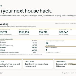 May include: A digital spreadsheet template titled Investing: Plan your next house hack. It displays financial data including equity, loan balances, and savings goals. Sections include Year by Year, Stay or Go, and Benchmarks for real estate investment planning.