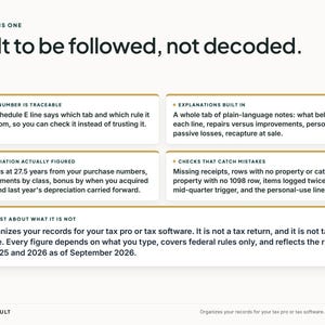 May include: An informational graphic titled Why This One with the text Built to be followed, not decoded. It features five rectangular boxes detailing tax record organization features, including traceability, built-in notes, depreciation, and error checks.