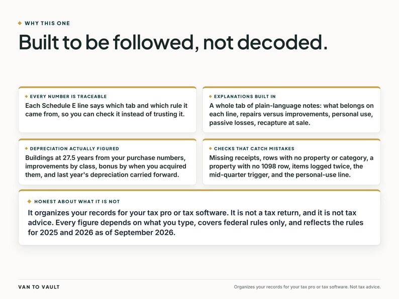 May include: An informational graphic titled Why This One with the text Built to be followed, not decoded. It features five rectangular boxes detailing tax record organization features, including traceability, built-in notes, depreciation, and error checks.