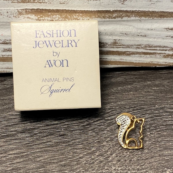 Vintage 1980 Avon Gold and Silver Tone Squirrel Brooch Lapel Pin Estate Jewelry with Original Box