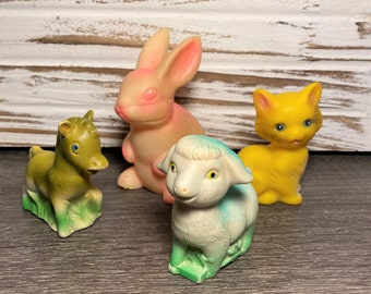 Vintage Rubber Animal Squeak Toys Set of 4: Bunny Rabbit, Sheep, Horse, Cat