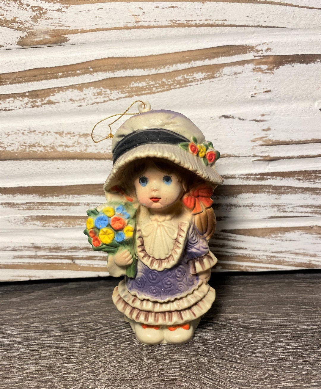 Vintage Christmas Ornament Little Girl in Dress and Holding