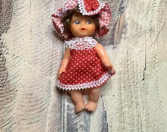 Vintage Girl with Red Dress and Bonnet Plastic Baby Doll Made in Hong Kong 5&quot; Tall