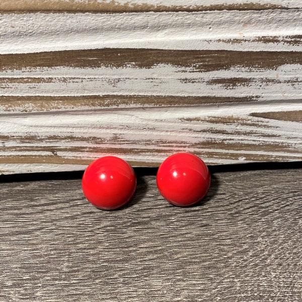 Vintage Cherry Red Button Style Lucite Pierced Earrings Pair- Retro 1 "
