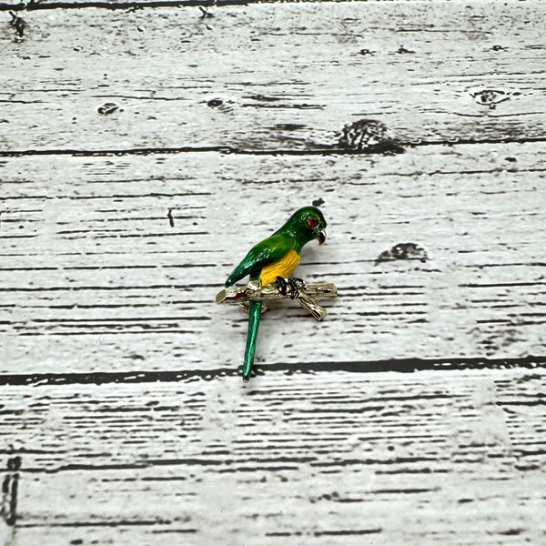 Vintage Colorful Green Parrot Parakeet Enamel Pin with Red Rhinestone Eye 1.5" Long