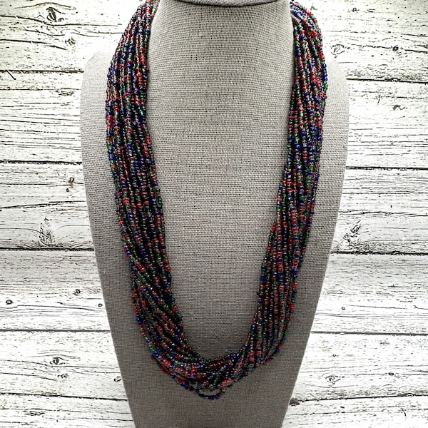 Vintage Colorful Rainbow Glass Seed Bead Multi-Strand Necklace 18" Long