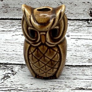 May include: A small, brown ceramic owl figurine with a glossy finish. The owl features prominent ear tufts, large dark eye sockets, and a textured, diamond-patterned chest. There is a small circular opening at the top of the head, suggesting it functions as a decorative vessel or small planter.