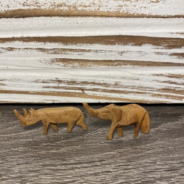 Vintage Hand Carved Wooden Elephant and Rhinoceros Small Figures