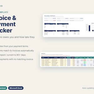 Può includere: Un modello Excel per un tracker di fatture e pagamenti di Reconlio. Il layout presenta una dashboard dei crediti con grafici e una tabella delle fatture con colonne per date di scadenza, stato del pagamento e importi.