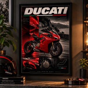 May include: A framed poster featuring a red Ducati Panigale motorcycle. The design includes the text DUCATI, BOLOGNA ITALIA DAL 1926, PASSIONE PRESTAZIONE LIBERTA, PANIGALE, and LIFE BEHIND BARS. It displays a motorcycle, a close-up of the rear light, and an engine detail.