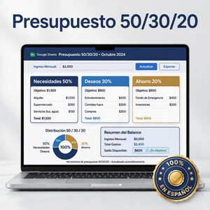 Puede incluir: Una pantalla de portátil muestra una plantilla de presupuesto 50/30/20 de Google Sheets para octubre de 2024. La interfaz incluye columnas para necesidades, deseos y ahorros con datos numéricos, un gráfico circular y un resumen. Un sello dorado dice 100% EN ESPAÑOL.