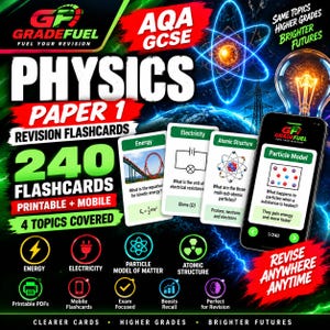 Könnte beinhalten: Ein Set aus 240 AQA GCSE Physik Paper 1 Lernkarten in druckbarer und mobiler Form. Das Design enthält das GradeFuel-Logo, Text zu Energie, Elektrizität, Atomstruktur und Teilchenmodell sowie die Darstellung eines Smartphones.