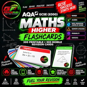 Könnte beinhalten: Ein Set von AQA GCSE Mathe Higher Lernkarten mit 300 druckbaren und 300 mobilen Karten. Die Karten sind an einem Metallring befestigt und zeigen mathematische Aufgaben zu Algebra und Geometrie sowie das GradeFuel-Logo.