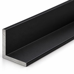 May include: A black metal angle bar with an L-shaped profile. The exterior surfaces are finished in a matte black coating, while the cut ends reveal the raw, metallic silver-colored interior of the material, showing a clean, sharp edge.